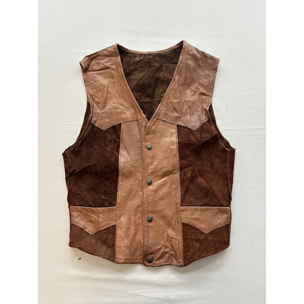 Vintage Pioneer Wear Mens 70s Patchwork Leather Suede Vest 36 Brown Western